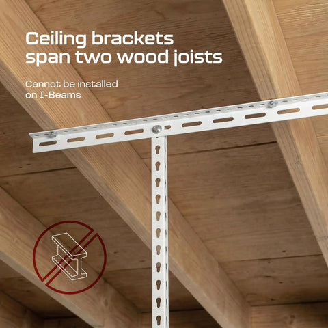 Kick Floor Space Back With This Tough As Nails 4X8 Ceiling Mounted Garage Storage Rack. Heavy Duty 500 Lb Capacity, Adjustable 24 To 45 Inch Drop Down Height, White Steel Build, Keeps Gear Stacked Safe Up Top