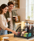 Couple enjoying coffee next to Space Saving Coffee Bar Organizer For Countertop With Tiered Shelves And Removable Top Shelf