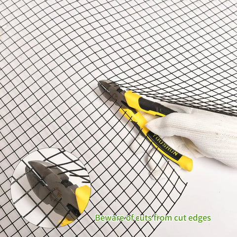 Tough As Nails Half Inch Openings 19 Gauge Black Vinyl Coated Hardware Cloth 16 X 25 Ft Roll with cutting tools and safety warning.