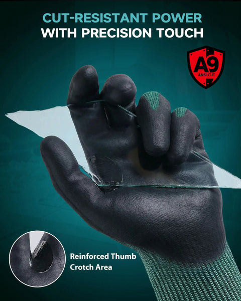 ANSI A9 Cut Resistant Work Gloves For Men And Women, 2 Pairs, PU Coated Palms, holding glass, green large, close-up view