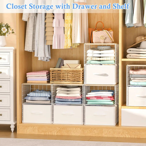 Two Pack Stackable Closet Storage Drawers With Wooden Top And Adjustable Dividers White Fabric Drawer Organizers Modular Storage Bins For Space Saving Bedroom Wardrobe And Apartment Organization installed in closet with clothes and baskets
