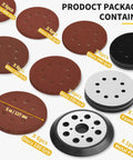 Solid Build 5 Inch Hook Loop Orbital Sander Metal Pad Compatible With Ryobi RS240 RS280 RS290 8 Hole Backing Plate with assorted sanding discs and foam pads.