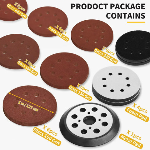Solid Build 5 Inch Hook Loop Orbital Sander Metal Pad Compatible With Ryobi RS240 RS280 RS290 8 Hole Backing Plate with assorted sanding discs and foam pads.