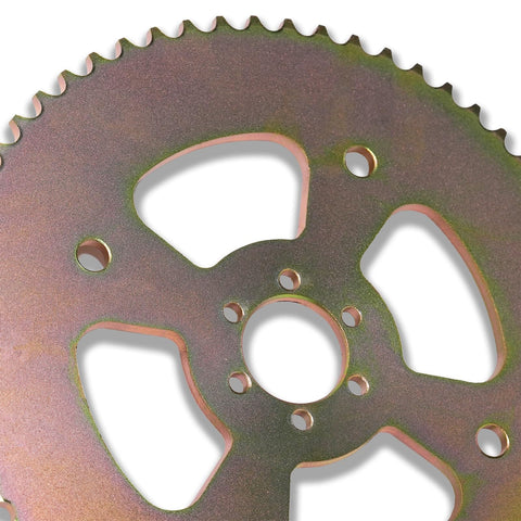 Close-up of 60T Beefed Up High Torque Rear Sprocket With 6 Holes For 40 41 420 Chain, showing metal construction and teeth design.
