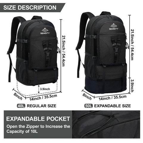 Expandable Hiking Backpack 40L To 50L For Men And Women Flight Approved Carry On Ready Travel Daypack size chart and features