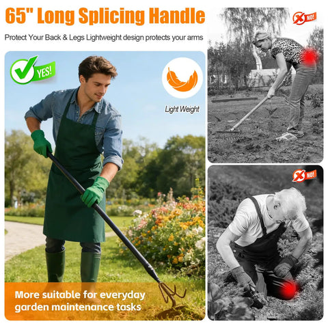 Heavy Duty 52 Inch 2 In 1 Hoe And Cultivator Rake For Weeding And Soil Loosening, user using long handle for gardening
