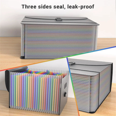 Grab And Go Expandable Accordion File Folder Boasting 25 Roomy Pockets A Heavy Duty Plastic Carry Handle showing leak-proof design and colorful index tabs.