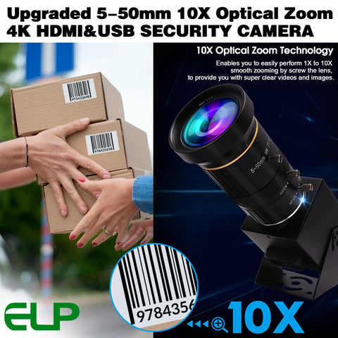 4K HDMI USB Webcam With 10X Manual Zoom Dual Output For PC And TV Simultaneous HDMI And USB Display 5 To 50mm Telephoto Lens Ideal For Live Streaming Security Industrial Use And Pi Jetson Nano packaging and lens on display