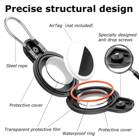 Exploded view of Waterproof Tracker Holder 4 Pack With Steel Cable Lock, showing protective and waterproof design features.
