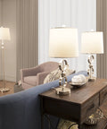 Three Piece Sleek Modern Brushed Steel Lamp Set For Living Room With Table Lamps And Floor Lamp, White Fabric Drum Shades