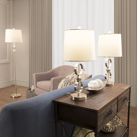 Three Piece Sleek Modern Brushed Steel Lamp Set For Living Room With Table Lamps And Floor Lamp, White Fabric Drum Shades
