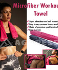 Woman using microfiber workout towel, with close-up views of soft, absorbent microfiber fabric and easy-to-carry design.