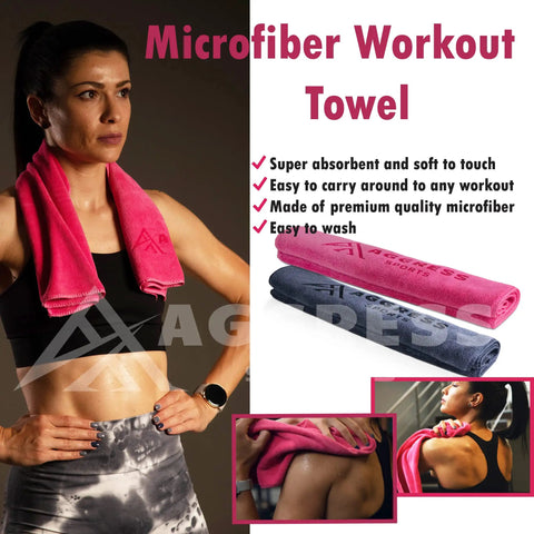 Woman using microfiber workout towel, with close-up views of soft, absorbent microfiber fabric and easy-to-carry design.