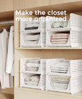 Stackable Plastic Storage Baskets 4 Pack Foldable Closet Organizers For Wardrobe Kitchen Bathroom Office Dorm White All Purpose Drawer Shelving Containers Bins Great For Shoes Clothes Toys Snacks Files And More stacked on a closet shelf holding clothes