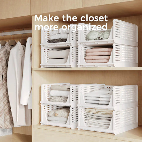 Stackable Plastic Storage Baskets 4 Pack Foldable Closet Organizers For Wardrobe Kitchen Bathroom Office Dorm White All Purpose Drawer Shelving Containers Bins Great For Shoes Clothes Toys Snacks Files And More stacked on a closet shelf holding clothes