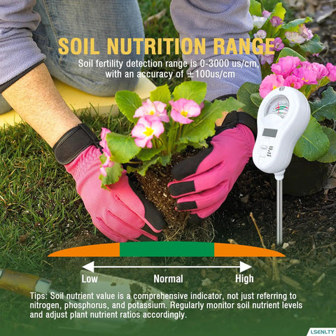 Person using a Six In One Soil Tester With Light, Moisture, pH, Temperature, Humidity, And Nutrient Readings in a flower bed.