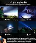 Four images demonstrating the Rechargeable LED Flashlight 2 Pack With Zoomable Beam Go-To Four Lighting Modes High Low Strobe SOS USB Rechargeable Long-Lasting Battery Life For Camping Outdoors And Home Emergency Use, showing high, low, strobe, and SOS modes with different outdoor and indoor uses.