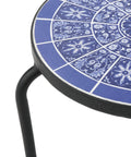 Slate Outdoor Ceramic Tile Side Table With Iron Frame In Blue And White, close-up of floral ceramic tile design on tabletop