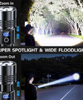 Beastly Bright USB C Rechargeable Flashlight 99000 Lumens Zoomable Tactical Light illuminating a road with spot and floodlight.