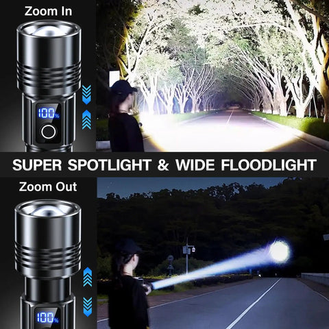 Beastly Bright USB C Rechargeable Flashlight 99000 Lumens Zoomable Tactical Light illuminating a road with spot and floodlight.