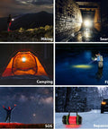 Collage showing Two Pack LED Camping Lanterns That Are Lit With 1000LM, 6 Modes, used for hiking, searching, camping, fishing, SOS, and car repair.