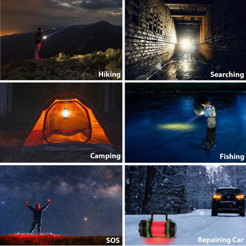Collage showing Two Pack LED Camping Lanterns That Are Lit With 1000LM, 6 Modes, used for hiking, searching, camping, fishing, SOS, and car repair.