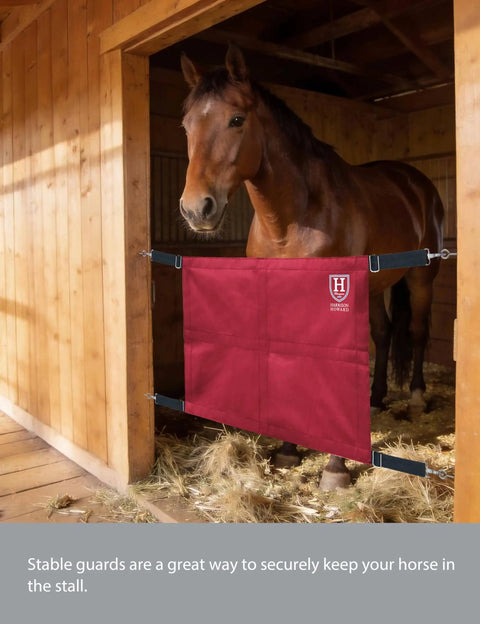 Stall guard for horse barn with adjustable straps and sturdy spring hooks in water resistant 1680D polyester red in use