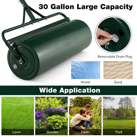 Beast Of A Lawn Roller For Yard And Garden Push Or Tow Behind 30 Gallon Water Sand Filled Sod Roller Drum featuring detachable handle