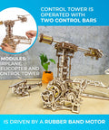3D Aviator Mechanical Puzzle Kit For Adults Wooden Brain Teaser Build Set: control tower, helicopter and airplane modules