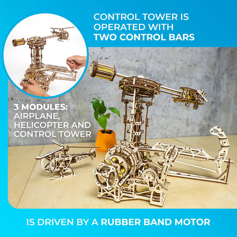 3D Aviator Mechanical Puzzle Kit For Adults Wooden Brain Teaser Build Set: control tower, helicopter and airplane modules