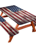 Picnic Table Cover Set With Bench Covers For 6 Ft Tables, Retro American Flag design, fitted waterproof elastic edge