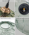 Close-up details of Green Glass Plug In Pendant Light with Cord, featuring E26 bulb base, hand blown ribbed shade, 0.2 inch thickness.