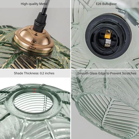 Close-up details of Green Glass Plug In Pendant Light with Cord, featuring E26 bulb base, hand blown ribbed shade, 0.2 inch thickness.