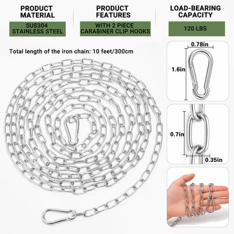 Heavy Duty And Light Duty Stainless Steel Hanging Chain With Two Detachable Links, 9.8 Feet, 0.08 Inch Thick, 304 Stainless Steel