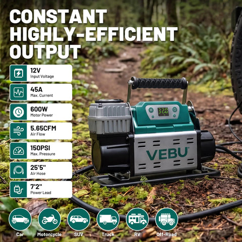 Heavy Duty 12V Rv Air Compressor And Tire Inflator With Auto Shut Off Rapid Digital Display preset on forest floor for outdoor use.