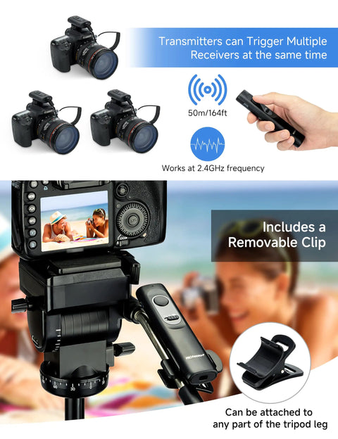 Wireless Camera Remote Shutter Release Kit With 164 ft Radio Range, shown with cameras and detachable tripod clip