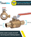 3/4 Inch Crimp Ball Valve with Drain for PEX and PE-RT Pipe, brass construction, quick shutoff, no sweat installation, side view