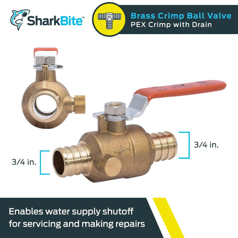 3/4 Inch Crimp Ball Valve with Drain for PEX and PE-RT Pipe, brass construction, quick shutoff, no sweat installation, side view