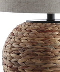 Natural Water Hyacinth Farmhouse Basket Table Lamp 24.5 Inch With Light Gray Linen Shade detail view, handwoven texture