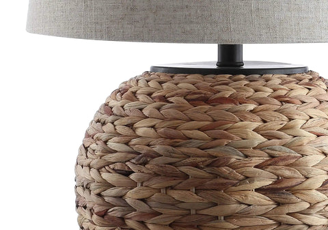 Natural Water Hyacinth Farmhouse Basket Table Lamp 24.5 Inch With Light Gray Linen Shade detail view, handwoven texture