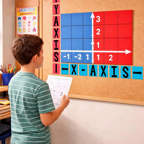 Boy using 15 Pack Math Posters For Classrooms X Y Axis Coordinate Plane Graphing Tools Visual Aids With Adhesive Dots on board