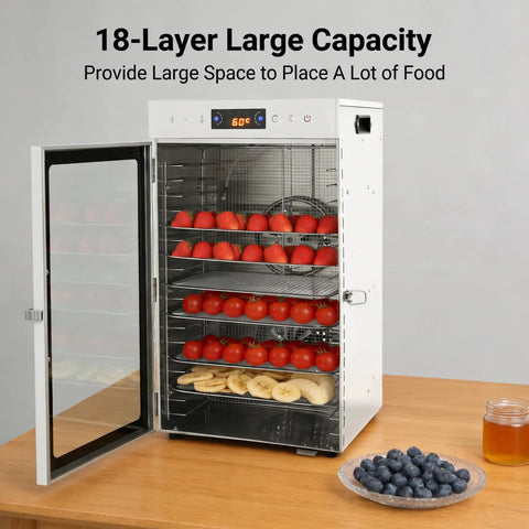 Heavy Duty Electric Food Dehydrator With 18 Spacious Stainless Steel Trays and Precision Adjustable Thermostat filled with fruits.