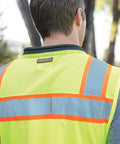 Rear view of Mens Premium Surveyor Vest Class 2 Hi Vis Safety Vest Large Lime with reflective strips for high visibility.