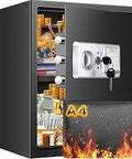 3.0 Cu Ft Large Fireproof Home Safe Box With Removable Shelf showing open door, interior valuables, and included fireproof bag.