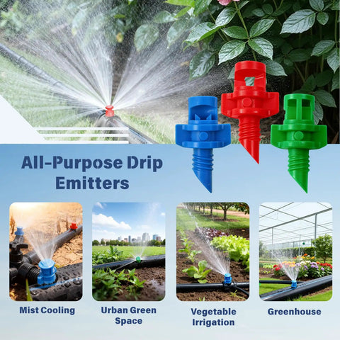 Refraction Mist Sprinkler Heads Kit With 90 Degree 180 Degree And 360 Degree Multi Angle Options For Drip Irrigation Systems Delivers Fine Uniform Mist For Yard And Lawn Pro Grade Plant Watering Device displayed with mist cooling and irrigation uses.