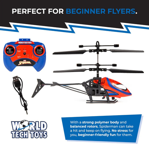 Spider Man RC Helicopter for Kids 8 Plus Easy Fly Remote Control Toy with LED Lights, tough polymer body, coaxial rotors, red-blue design