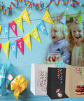 Three paper gift bags with birthday designs and sturdy twisted handles, set against a festive background with children and decorations.