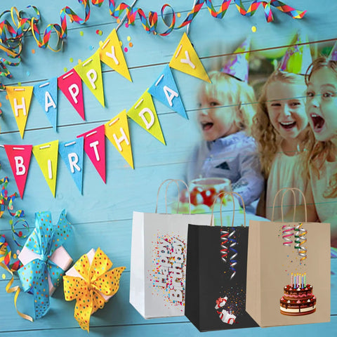 Three paper gift bags with birthday designs and sturdy twisted handles, set against a festive background with children and decorations.