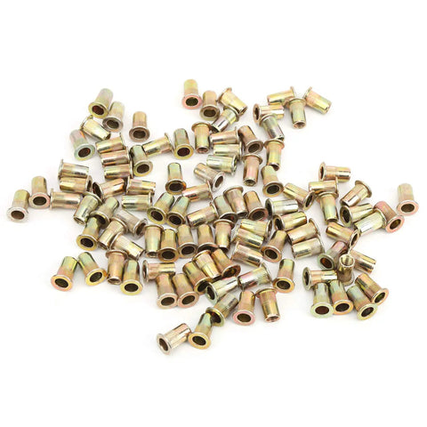 Badass Heavy Duty Zinc Coated Rivet Nut Kit Including One Hundred Assorted Sizes For Quick Automotive Repairs And Tough Metalworking Diy Hardware Projects, assorted zinc rivet nuts on white background.