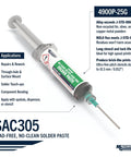 3 Percent Silver SAC305 Solder Paste No Clean With 25 G Pneumatic Dispenser Complete With Plunger And Dispensing Tip Easy To Dispense Non Corrosive Flux Residues Excellent Wettability For Surface Mount Ideal For High Temp Lead Free Alloys
